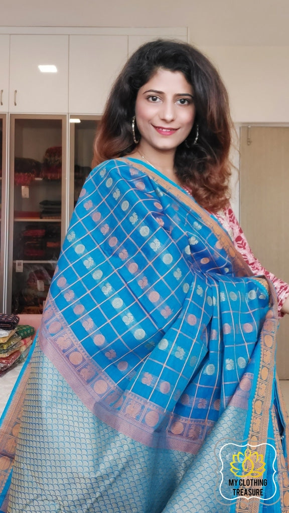 Kanjivaram Cotton Saree 1000 Buta- Cyan Blue