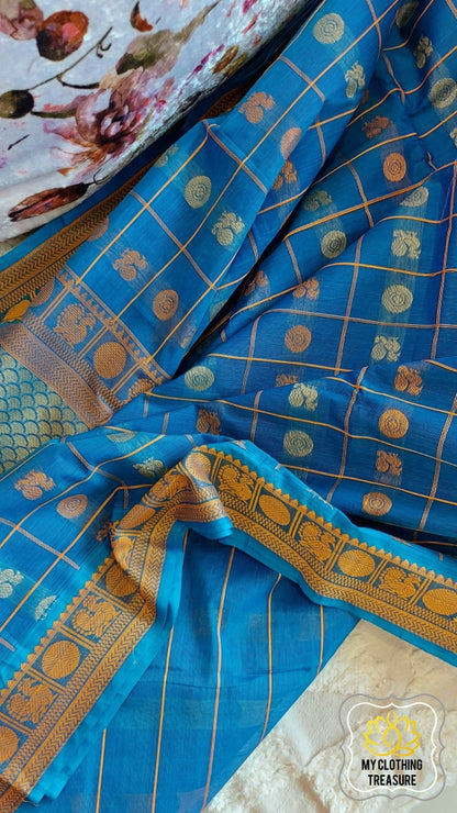 Kanjivaram Cotton Saree 1000 Buta- Cyan Blue