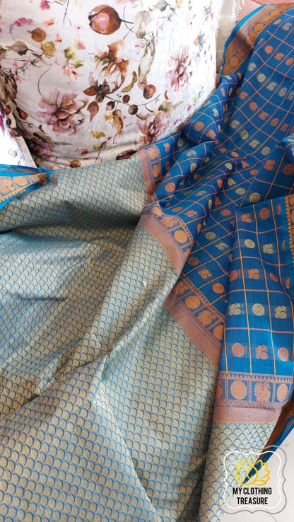 Kanjivaram Cotton Saree 1000 Buta- Cyan Blue