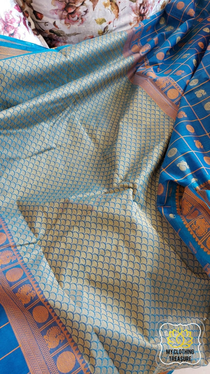 Kanjivaram Cotton Saree 1000 Buta- Cyan Blue