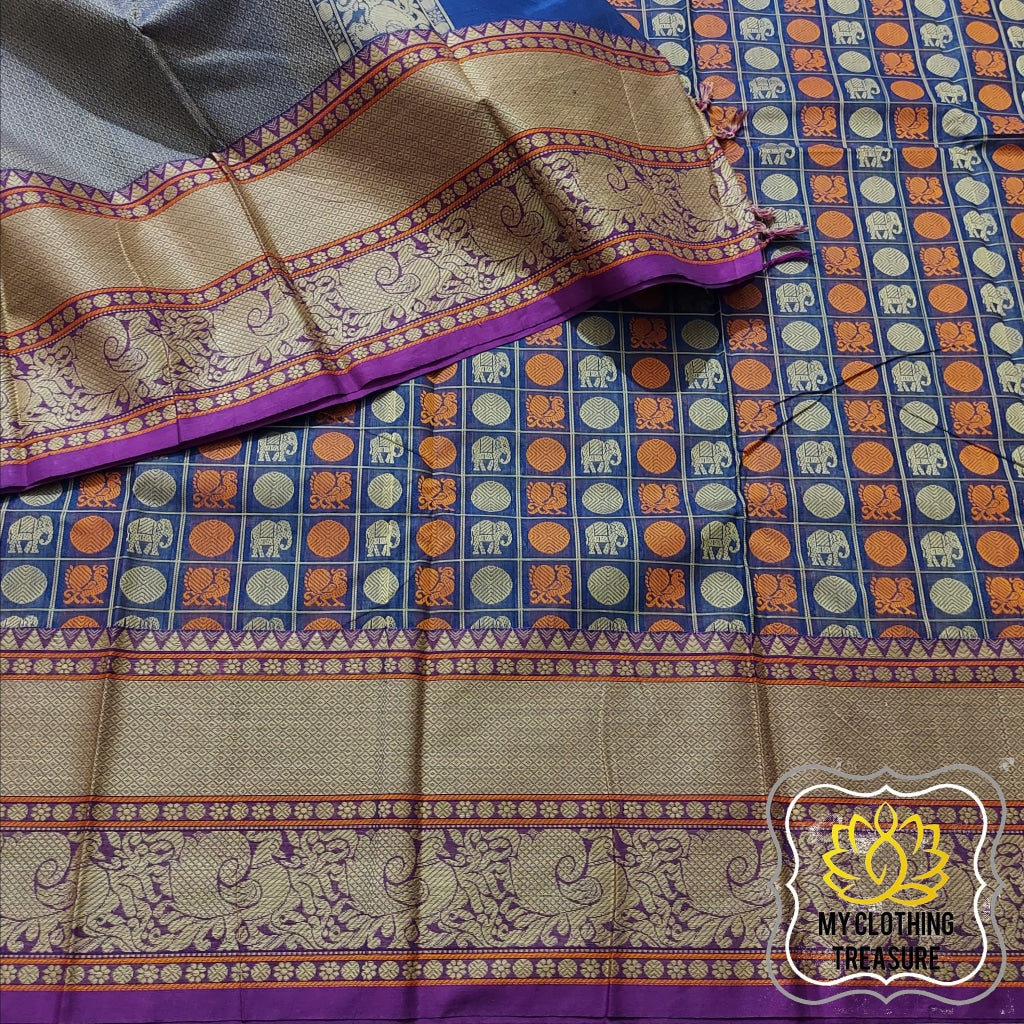 Kanjivaram Cotton Saree 1000 Buta- Navy Blue