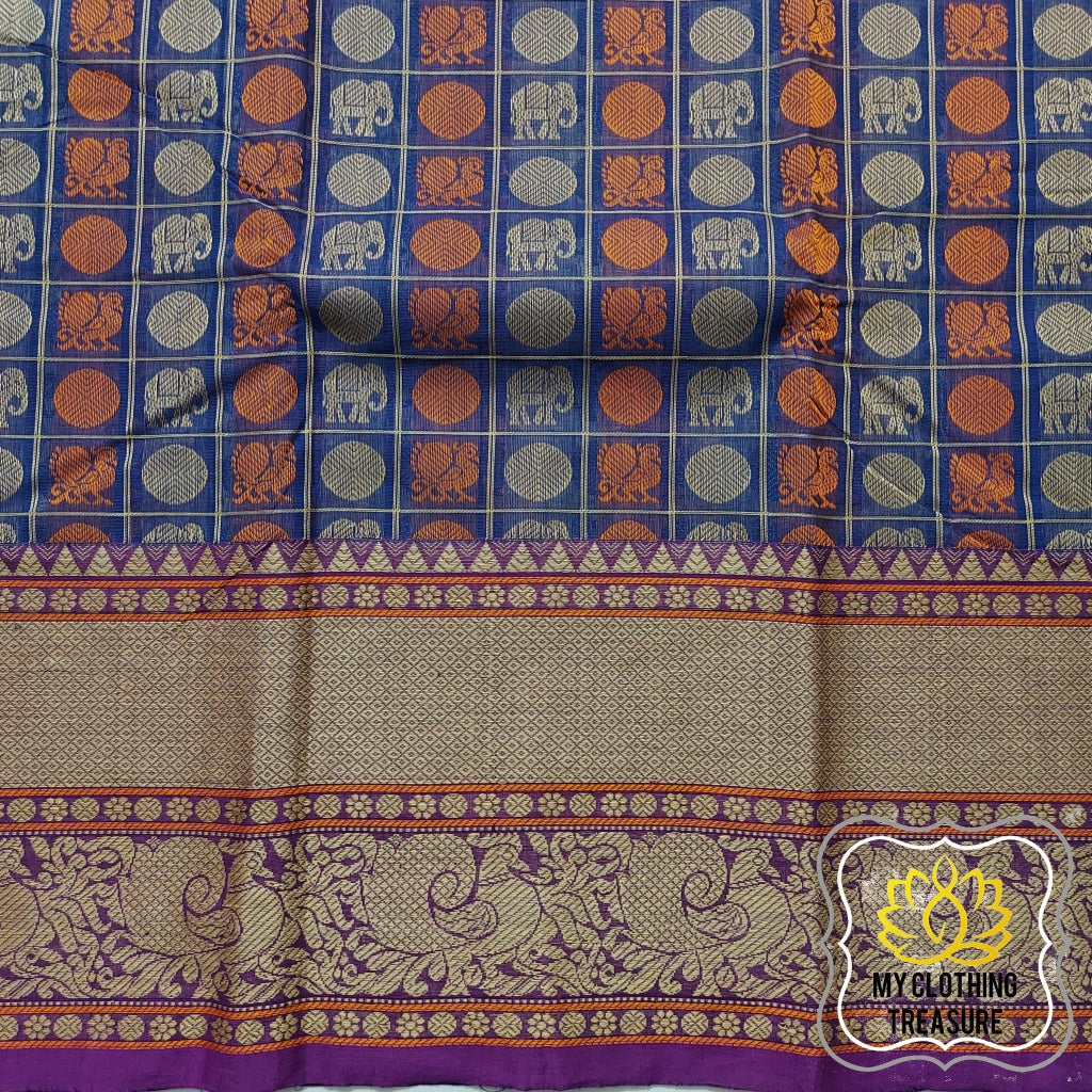 Kanjivaram Cotton Saree 1000 Buta- Navy Blue