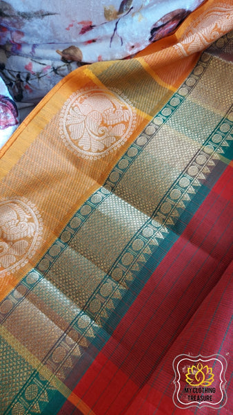 Bottle Green and Yellow Zari Uppada Silk Saree