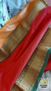 Kanjivaram Cotton Saree Double Border- Red