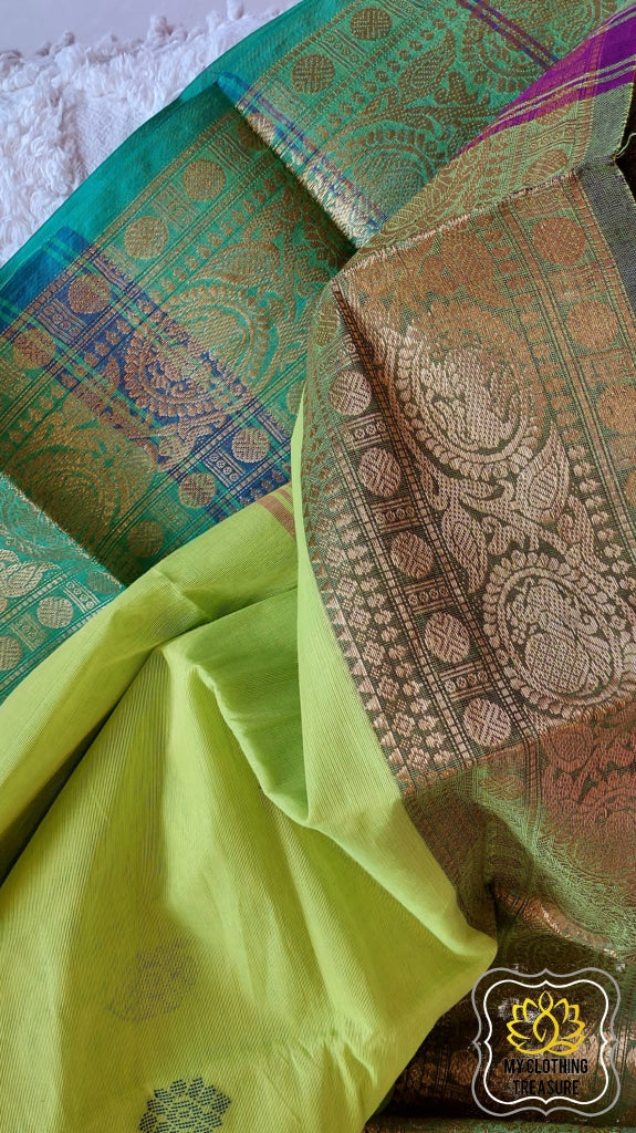 Kanjivaram Cotton Saree - Lime Green