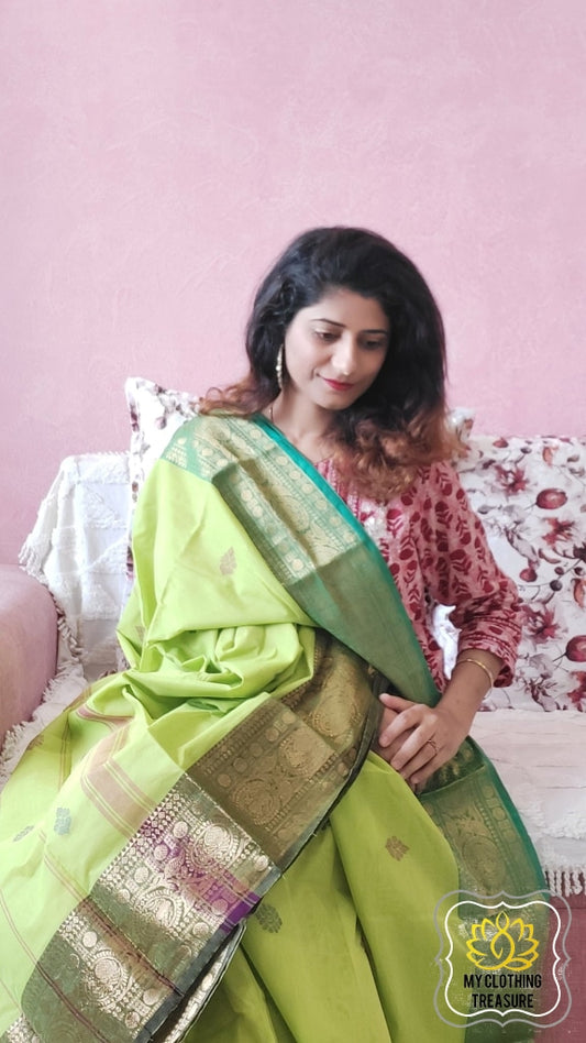 Kanjivaram Cotton Saree - Lime Green