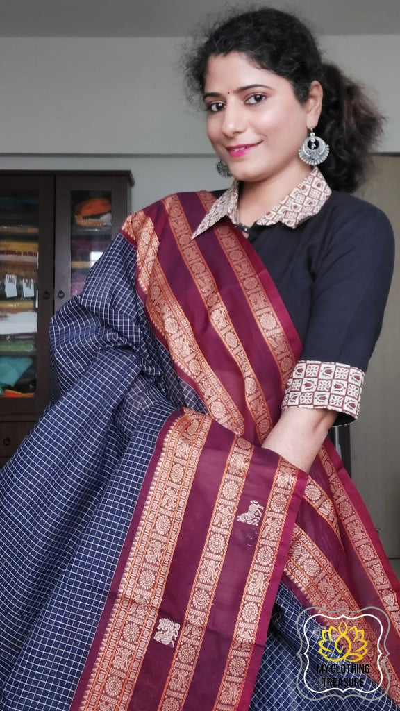 Kanjivaram Cotton Saree - Navy Blue