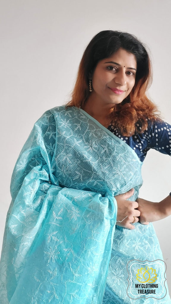 Skyblue Lucknowi Tepechi Work Saree|Lucknowi Sarees In Hyderabad By  Jhakhas.Com