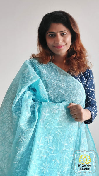 Handloom Maheshwari Silk Cotton Saree in Sky Blue | Shop Online