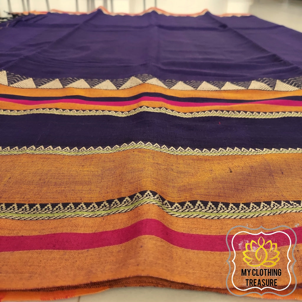 Narayanpet Mercerized Cotton Saree With Broad Mustard Border - Ink Blue