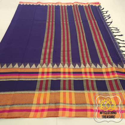 Narayanpet Mercerized Cotton Saree With Broad Mustard Border - Ink Blue