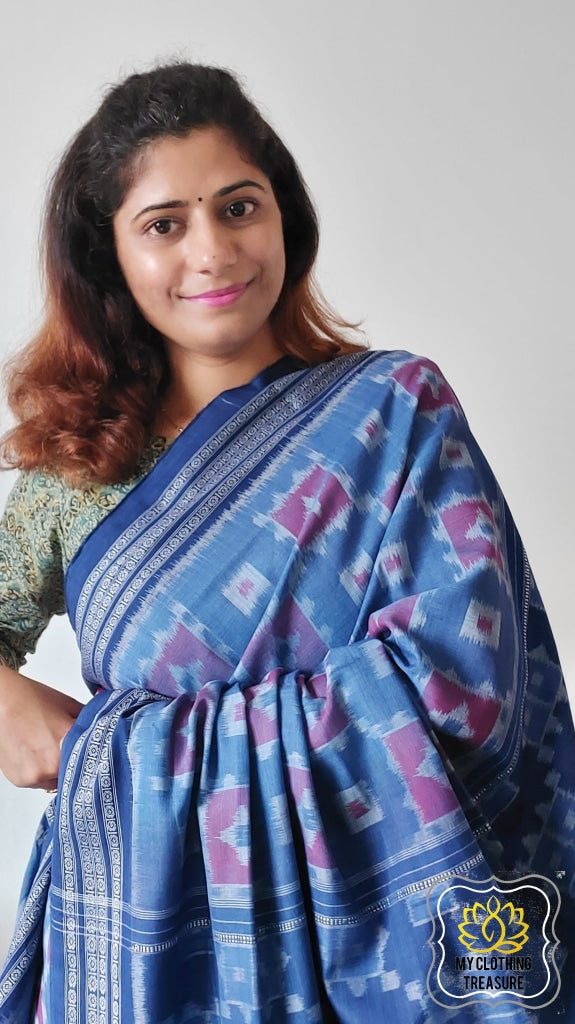 Odisha Ikkat Box Body Khandua Cotton Saree - Blue