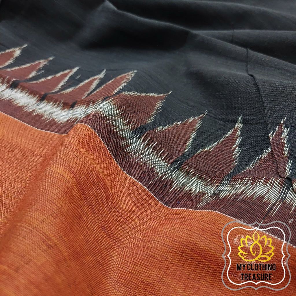 Odisha Ikkat Khandua Cotton Saree- Black & Brown Saree