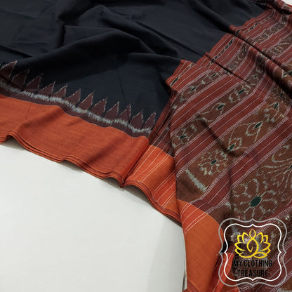 Odisha Ikkat Khandua Cotton Saree- Black & Brown Saree