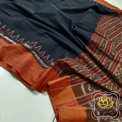 Odisha Ikkat Khandua Cotton Saree- Black & Brown Saree