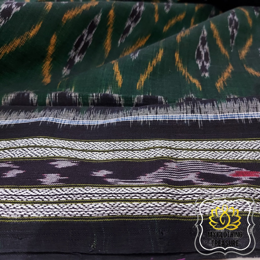 Odisha Ikkat Khandua Cotton Saree- Green & Black Saree