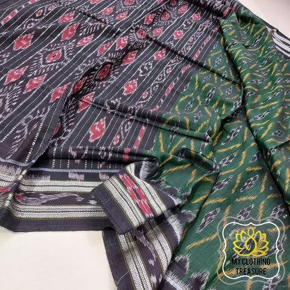 Odisha Ikkat Khandua Cotton Saree- Green & Black Saree