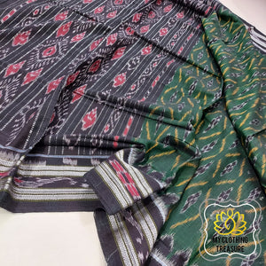 Odisha Ikkat Khandua Cotton Saree- Green & Black Saree