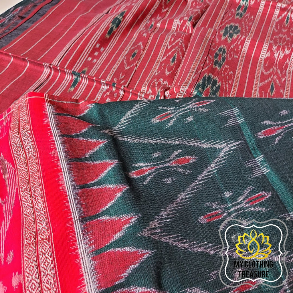 Odisha Ikkat Khandua Cotton Saree- Green & Red Saree