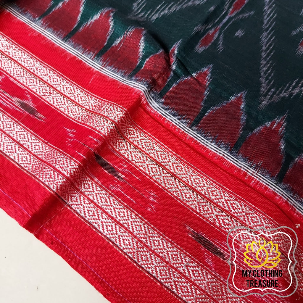 Odisha Ikkat Khandua Cotton Saree- Green & Red Saree