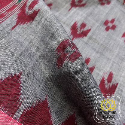 Odisha Ikkat Khandua Cotton Saree- Grey & Red Saree