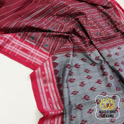 Odisha Ikkat Khandua Cotton Saree- Grey & Red Saree