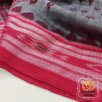 Odisha Ikkat Khandua Cotton Saree- Grey & Red Saree