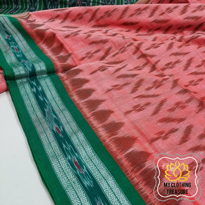 Odisha Ikkat Khandua Cotton Saree- Peach & Green Saree