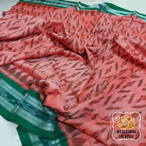 Odisha Ikkat Khandua Cotton Saree- Peach & Green Saree