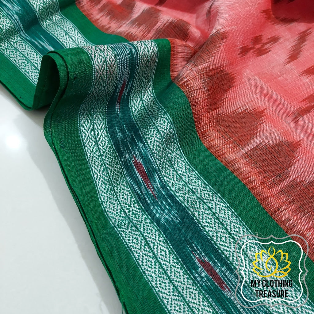 Odisha Ikkat Khandua Cotton Saree- Peach & Green Saree