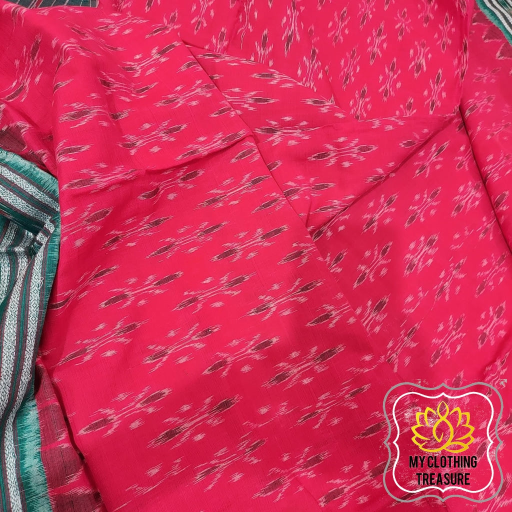 Odisha Ikkat Khandua Cotton Saree- Red & Green Saree