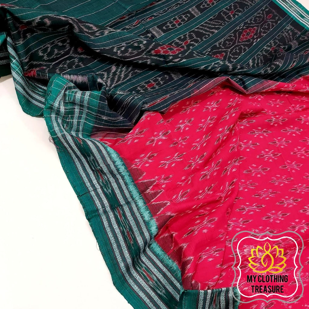 Odisha Ikkat Khandua Cotton Saree- Red & Green Saree