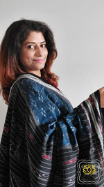 Load image into Gallery viewer, Odisha Ikkat Khandua Cotton Saree- Teal &amp; Black Saree
