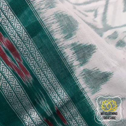 Odisha Ikkat Khandua Cotton Saree- White & Green Saree