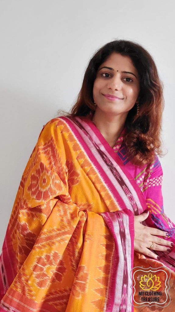 Mustard Yellow With Pink Border Silk Traditional Saree – paanericlothing