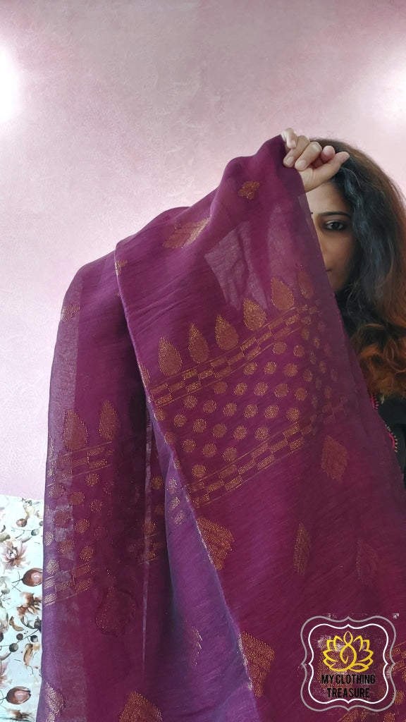 Organic Linen Cotton Antique Motifs Saree- Burgundy