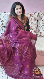 Load image into Gallery viewer, Organic Linen Cotton Antique Motifs Saree- Burgundy
