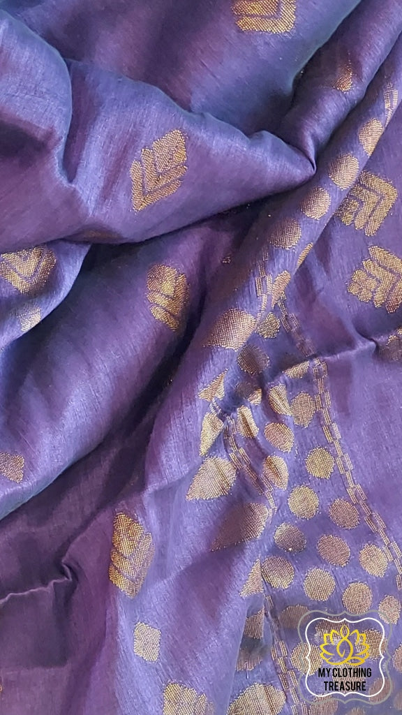 Organic Linen Cotton Antique Motifs Saree- Purple