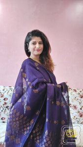 Organic Linen Cotton Antique Motifs Saree- Purple