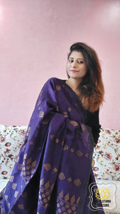 Organic Linen Cotton Antique Motifs Saree- Purple