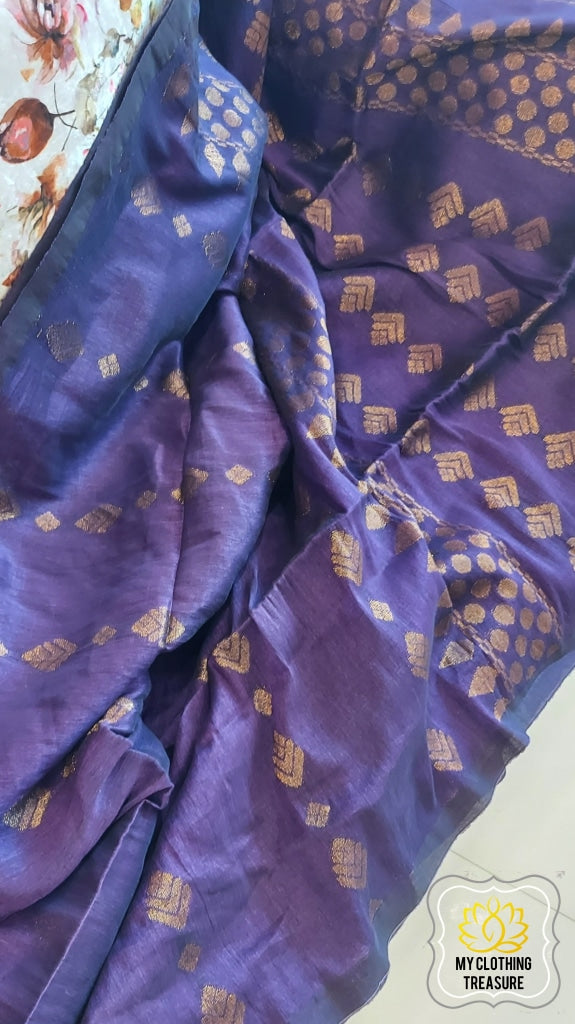 Organic Linen Cotton Antique Motifs Saree- Purple