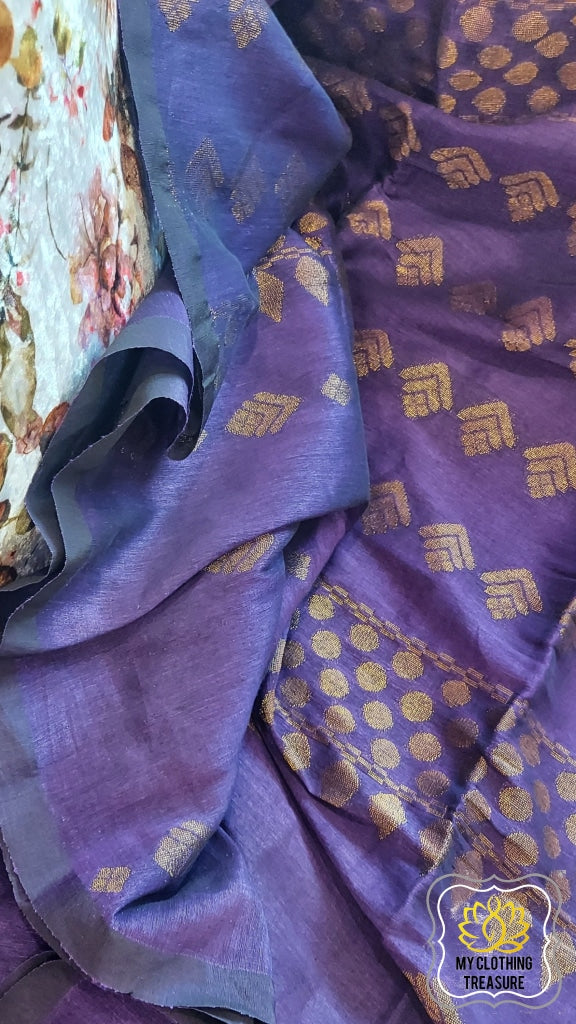 Organic Linen Cotton Antique Motifs Saree- Purple