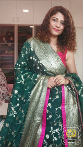 Organza Banarasi Saree- Bottle Green Saree