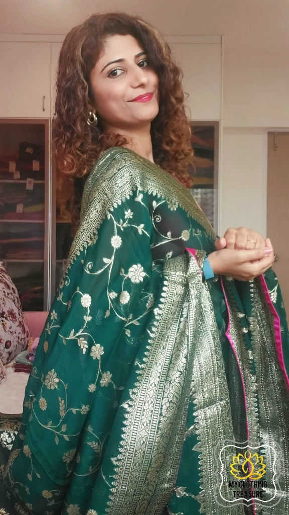 Green Banarasi Blouse Designer with Green Saree