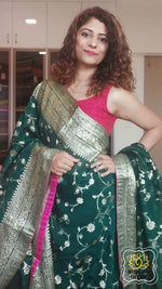 Load image into Gallery viewer, Organza Banarasi Saree- Bottle Green Saree
