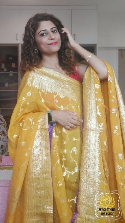 Organza Banarasi Saree- Mustard Saree