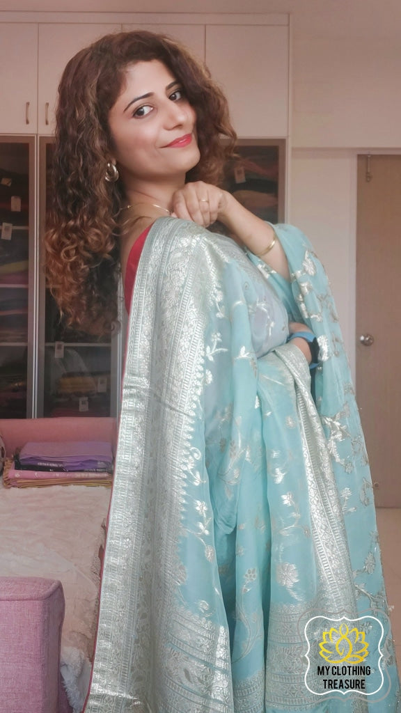 Organza Banarasi Saree- Pastel Blue Saree