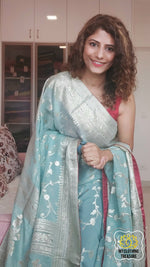 Load image into Gallery viewer, Organza Banarasi Saree- Pastel Blue Saree
