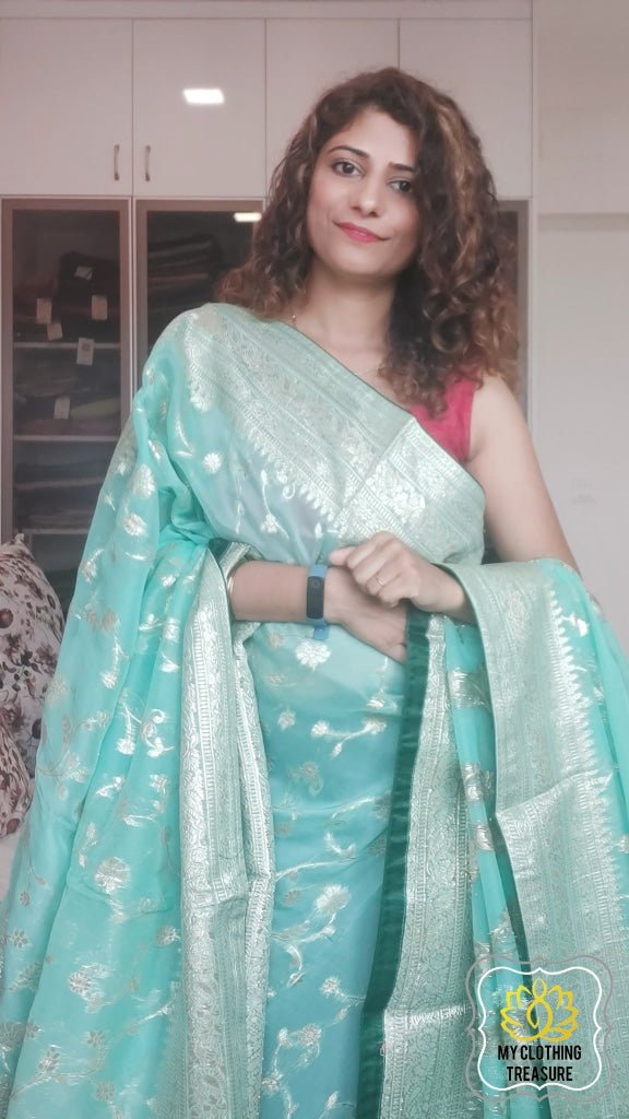 Organza Banarasi Saree- Pastel Green Saree