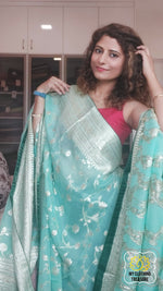 Load image into Gallery viewer, Organza Banarasi Saree- Pastel Green Saree
